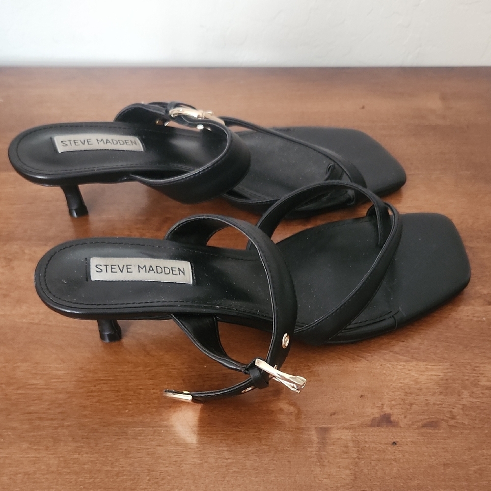 Steve Madden Black Strappy Mid-Kitten Heel Sandals